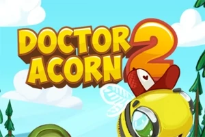 Tecknad bild med texten Doctor Acorn 2 och en gul bikupa med stora ögon, samt träd och moln i bakgrunden