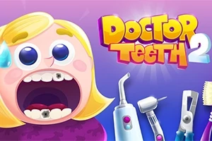 Tecknad figur med stort gap och hål i tänderna, omgiven av tandläkarverktyg, med texten Doctor Teeth 2 ovanför