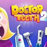 Tecknad figur med stort gap och hål i tänderna, omgiven av tandläkarverktyg, med texten Doctor Teeth 2 ovanför