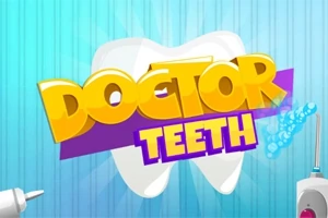 Texten Doctor Teeth i gula och lila bokstäver framför en stor vit tand, med tandläkarverktyg på båda sidor