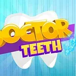 Texten Doctor Teeth i gula och lila bokstäver framför en stor vit tand, med tandläkarverktyg på båda sidor
