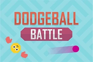 Texten Dodgeball Battle i stora bokstäver med en animerad glad ansikte och ett par röda handskar bredvid en färgad boll på blå bakgrund