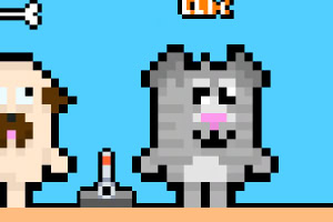Pixelgrafik av en grå kattfigur med rosa nos bredvid en mänsklig karaktär mot en blå bakgrund