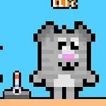 Pixelgrafik av en grå kattfigur med rosa nos bredvid en mänsklig karaktär mot en blå bakgrund