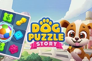 Tecknad bild med en glad hundvalp, en färgglad pusselbräda och texten Dog Puzzle Story