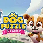 Tecknad bild med en glad hundvalp, en färgglad pusselbräda och texten Dog Puzzle Story
