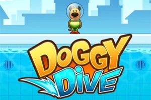En tecknad hund i en dykardräkt står framför en pool med texten Doggy Dive i stora bokstäver