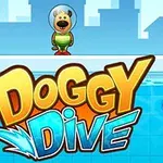 En tecknad hund i en dykardräkt står framför en pool med texten Doggy Dive i stora bokstäver