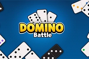 Domino-brickor är arrangerade mot en blå bakgrund med texten DOMINO Battle i mitten