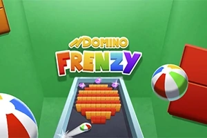 Färgglada bokstäver med texten Domino Frenzy ovanför en bana med dominobrickor formade som ett hjärta, omgivna av strandbollar och en grön bakgrund