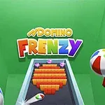 Färgglada bokstäver med texten Domino Frenzy ovanför en bana med dominobrickor formade som ett hjärta, omgivna av strandbollar och en grön bakgrund