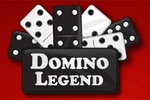 Svartvita dominobrickor mot en röd bakgrund med texten Domino Legend i förgrunden