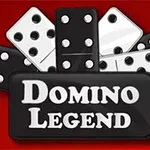 Svartvita dominobrickor mot en röd bakgrund med texten Domino Legend i förgrunden
