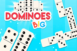 Domino-brickor utspridda på en ljusblå bakgrund med texten DOMINOES BIG