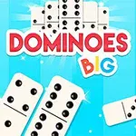 Domino-brickor utspridda på en ljusblå bakgrund med texten DOMINOES BIG