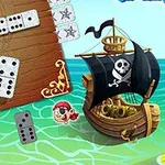 Domino-brickor på ett pirat-tema med en svart segelbåt, en piratfigur och en sjökarta