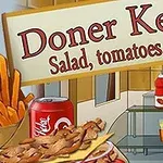 Doner kebab-skylt med pommes frites, läsk och ingredienser såsom kebabkött och såser i bakgrunden