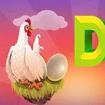 En höna sitter på ett bo med ägg bredvid texten Dont Drop mot en färgglad himmel