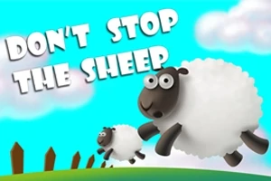 Två tecknade får hoppar över en grön kulle med texten Dont Stop the Sheep i bakgrunden mot en blå himmel
