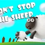 Två tecknade får hoppar över en grön kulle med texten Dont Stop the Sheep i bakgrunden mot en blå himmel