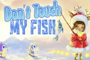 Tecknad figur i tomtedräkt med renhorn håller en fisk på en spö framför en snöig bakgrund med två glödande pingviner och texten Dont Touch My Fish