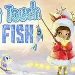 Tecknad figur i tomtedräkt med renhorn håller en fisk på en spö framför en snöig bakgrund med två glödande pingviner och texten Dont Touch My Fish