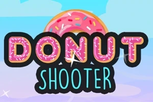 Texten Donut Shooter i rosa och blått med en tecknad munk i bakgrunden