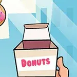 En tecknad bild med en hand som håller en öppen kartong märkt donuts och en rosa munk med strössel som hänger i bakgrunden