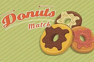 Tre färgglada donuts med glasyr och strössel mot en randig, grön bakgrund med texten Donuts Match