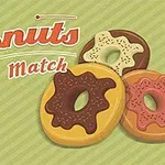 Tre färgglada donuts med glasyr och strössel mot en randig, grön bakgrund med texten Donuts Match