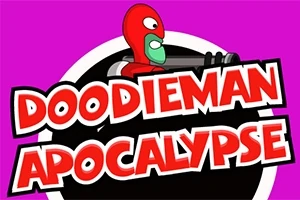 En tecknad figur med röd mask och grön mun håller ett gevär ovanför texten DOODIEMAN APOCALYPSE på en lila bakgrund