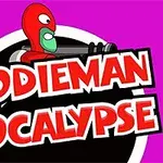 En tecknad figur med röd mask och grön mun håller ett gevär ovanför texten DOODIEMAN APOCALYPSE på en lila bakgrund