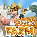 En tecknad kvinna med cowboyhatt står bredvid en enhörning och en grön dinosaurie med en träskylt med texten Doodle Farm i förgrunden