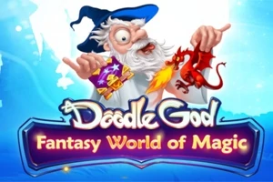 En tecknad trollkarl med vitt skägg och blå hatt håller en eldsprutande röd drake, med texten Fantasy World of Magic under