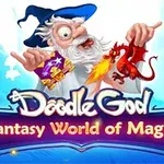En tecknad trollkarl med vitt skägg och blå hatt håller en eldsprutande röd drake, med texten Fantasy World of Magic under