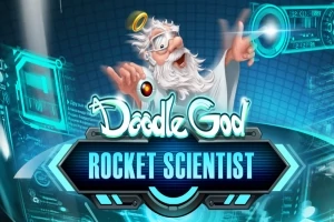 En animerad vetenskapsman med vitt skägg och gloria som står framför en futuristisk, blå glödande kontrollpanel med texten Doodle God Rocket Scientist