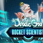 En animerad vetenskapsman med vitt skägg och gloria som står framför en futuristisk, blå glödande kontrollpanel med texten Doodle God Rocket Scientist