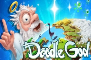 Tecknad man med gloria pekar uppåt framför en fantasivärldskarta med texten Doodle God i förgrunden