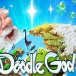 Tecknad man med gloria pekar uppåt framför en fantasivärldskarta med texten Doodle God i förgrunden
