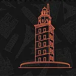 Tecknad illustration av ett torn med flera nivåer och en fyr på toppen, mot en mörk bakgrund med konturer av olika kända byggnader