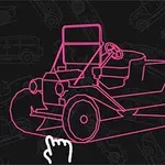Rosa linjeteckning av en retrobil med en vit pekande hand över en mörk bakgrund med bilkonturer