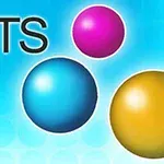 Färgglada bollar mot en blå bakgrund med texten DOTS