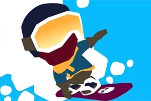 En stiliserad karaktär med hjälm och skidglasögon som åker snowboard på en snöig yta