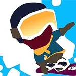 En stiliserad karaktär med hjälm och skidglasögon som åker snowboard på en snöig yta