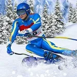 En skidåkare i blå dräkt och hjälm åker nerför en snöig backe omgiven av snöklädda träd