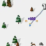 Pikselgrafik med en skidåkare som åker genom ett snölandskap med träd, stenar och en ren, samtidigt som poängen visas