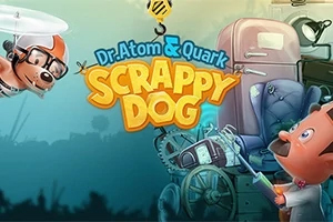 Dr. Atom & Quark: Scrappy Dog Tecknad hund med helikopterhatt och tecknad figur som kommunicerar, mot bakgrund av fantasifulle maskiner och text