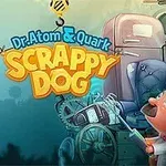 Dr. Atom & Quark: Scrappy Dog Tecknad hund med helikopterhatt och tecknad figur som kommunicerar, mot bakgrund av fantasifulle maskiner och text