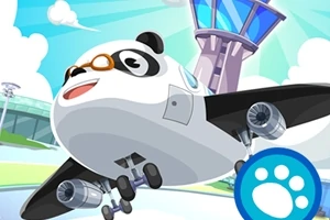 En tecknad panda som flygplan med glasögon flyger nära en flygledartorn mot en ljusblå himmel