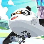 En tecknad panda som flygplan med glasögon flyger nära en flygledartorn mot en ljusblå himmel
